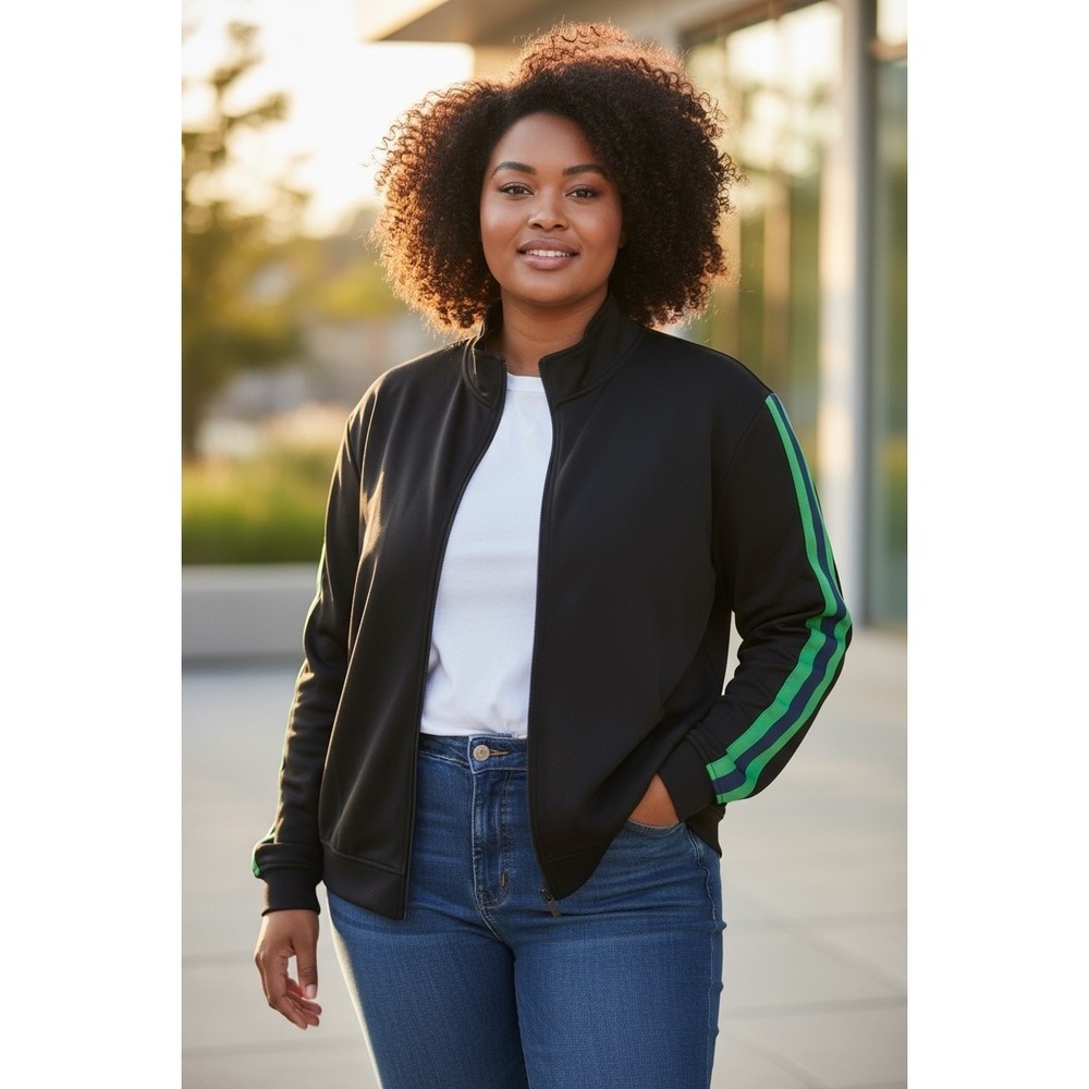 Universal Standard Black Track Jacket Zip Up Collar Green Stripe Sleeve Size 3XL